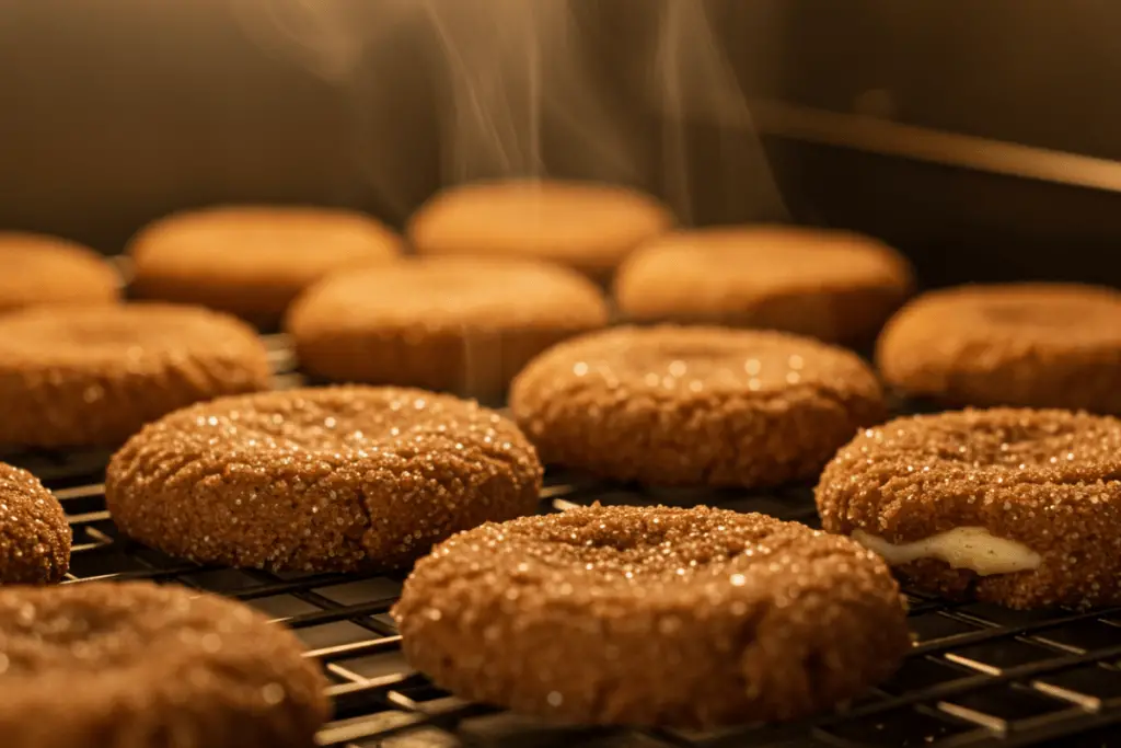 A tray of freshly baked churro cheesecake cookies cooling on a wire rack, their golden edges crisp and centers creamy.