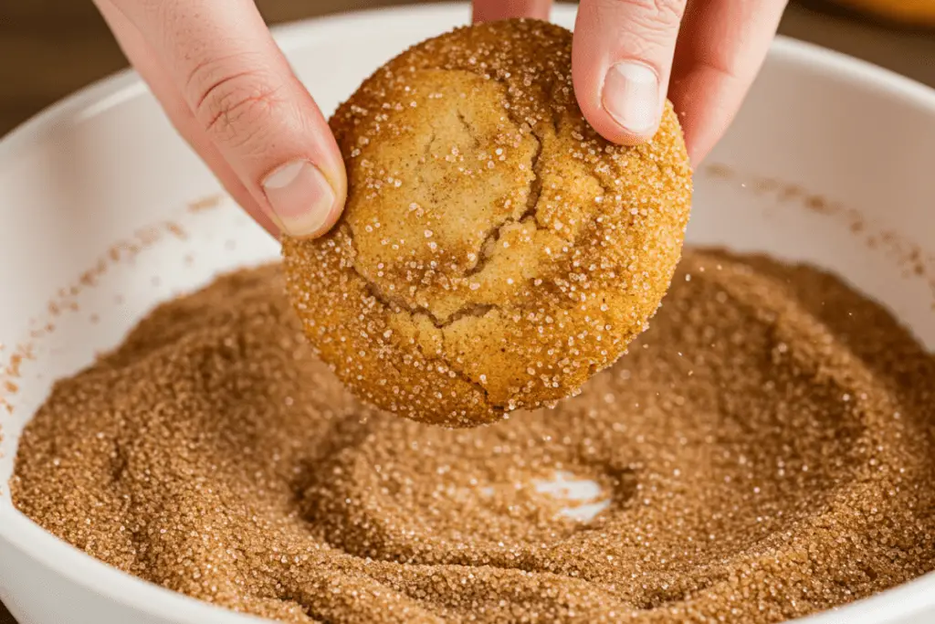 A warm churro cheesecake cookie being coated in cinnamon sugar, giving it the signature churro crunch and flavor.