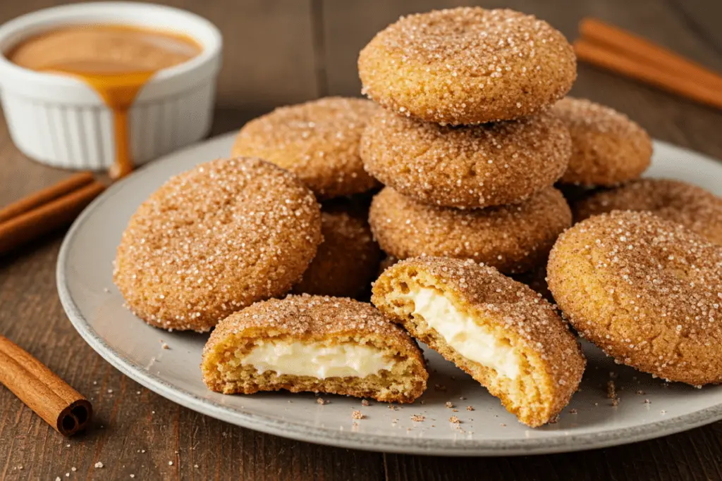 Golden churro cheesecake cookies with a crisp cinnamon-sugar coating and a creamy cheesecake center, served with caramel sauce on a rustic wooden table.