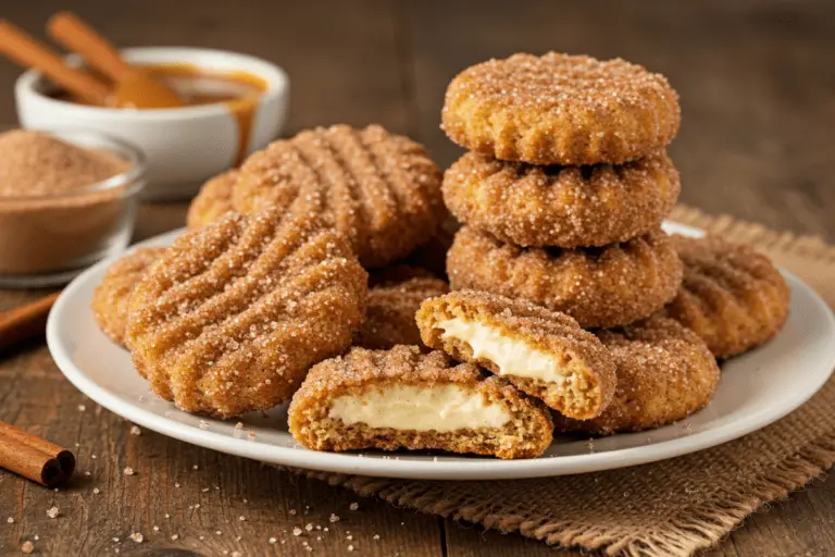 Golden churro cheesecake cookies with a crisp cinnamon-sugar coating and a creamy cheesecake center, served with caramel sauce on a rustic wooden table.