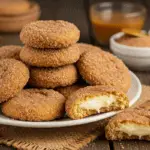 Golden churro cheesecake cookies with a crisp cinnamon-sugar coating and a creamy cheesecake center, served with caramel sauce on a rustic wooden table.