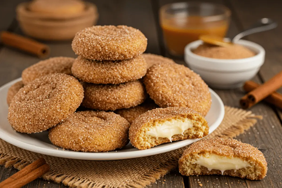 Golden churro cheesecake cookies with a crisp cinnamon-sugar coating and a creamy cheesecake center, served with caramel sauce on a rustic wooden table.