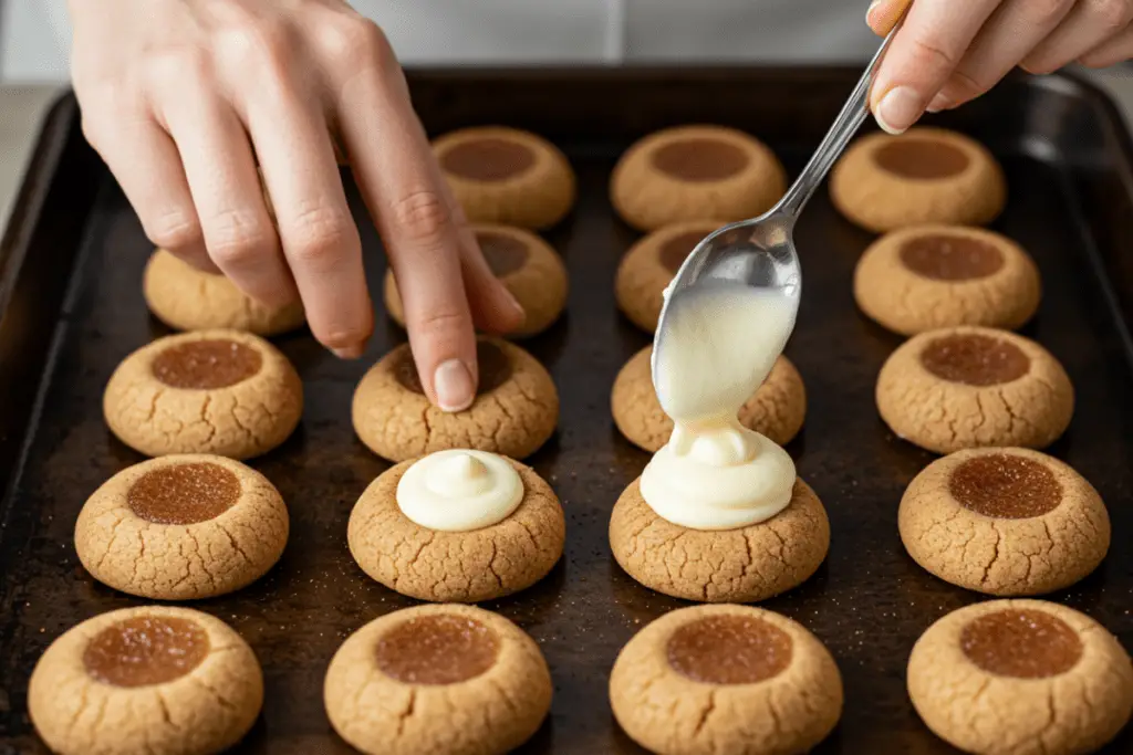 Cinnamon cookie dough with a cheesecake center being filled, creating a perfect balance of crispy churro flavor and creamy cheesecake goodness.