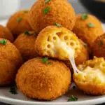 Crispy fried mac and cheese balls with gooey melted cheese, served with marinara dipping sauce and a sprinkle of parsley in a cozy, party-friendly setting