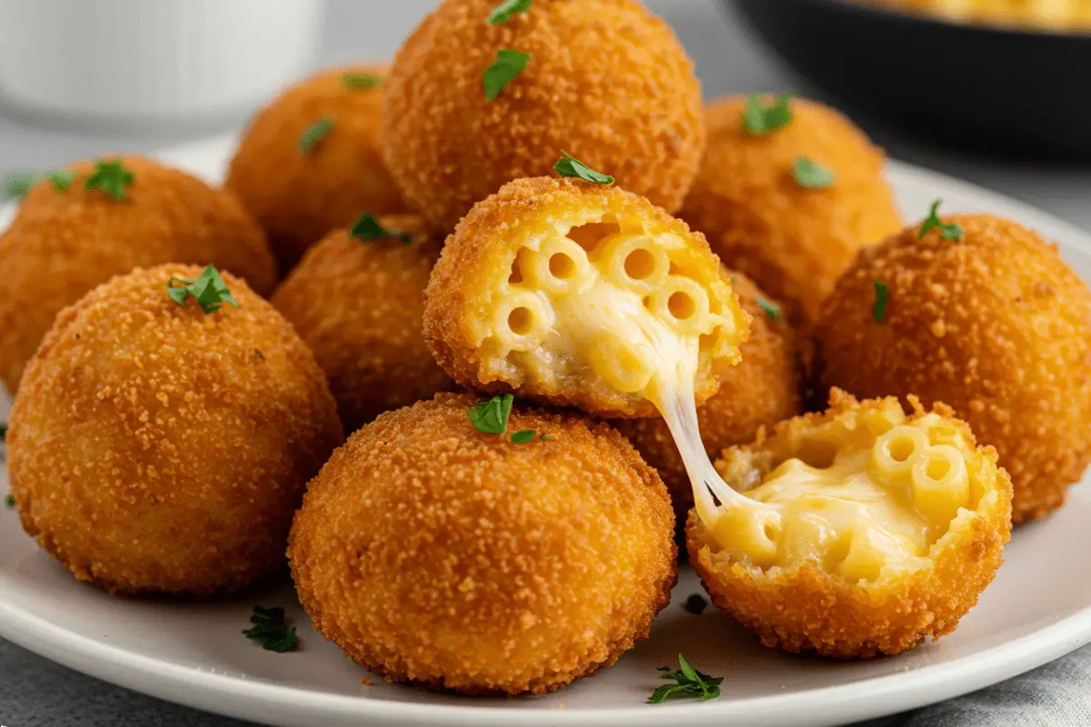 Crispy fried mac and cheese balls with gooey melted cheese, served with marinara dipping sauce and a sprinkle of parsley in a cozy, party-friendly setting