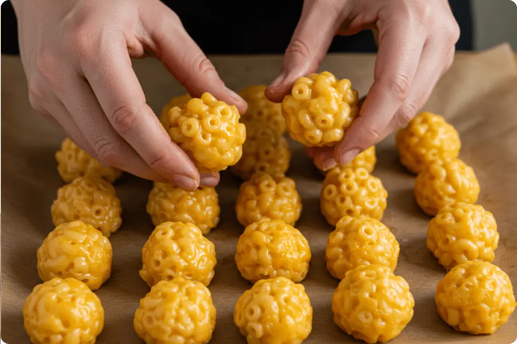 Small, bite-sized balls of mac and cheese being rolled with hands, preparing them for breading and frying.