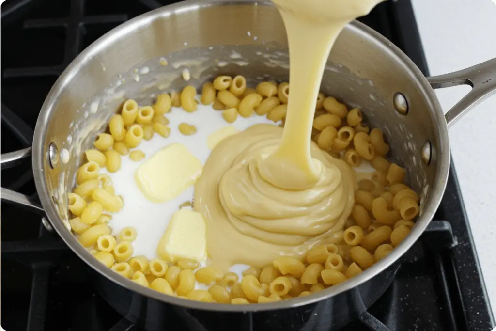 A creamy cheese sauce being stirred into cooked macaroni in a saucepan, preparing a rich mac and cheese filling for fried balls.