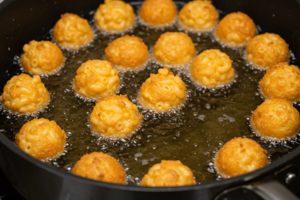 Crispy mac and cheese balls frying in hot oil, turning golden brown, and becoming perfectly crispy on the outside.