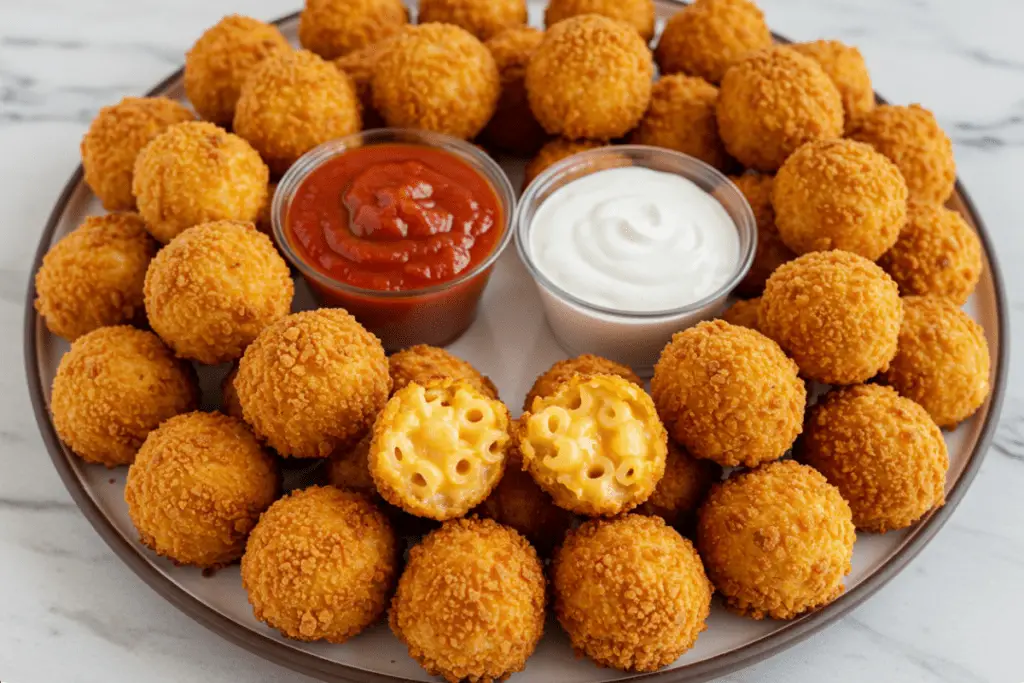 A plate of crispy fried mac and cheese balls served with marinara and ranch dipping sauces, ready to be enjoyed as the ultimate party snack.