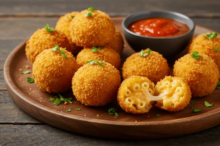 Crispy fried mac and cheese balls with gooey melted cheese, served with marinara dipping sauce and a sprinkle of parsley in a cozy, party-friendly setting