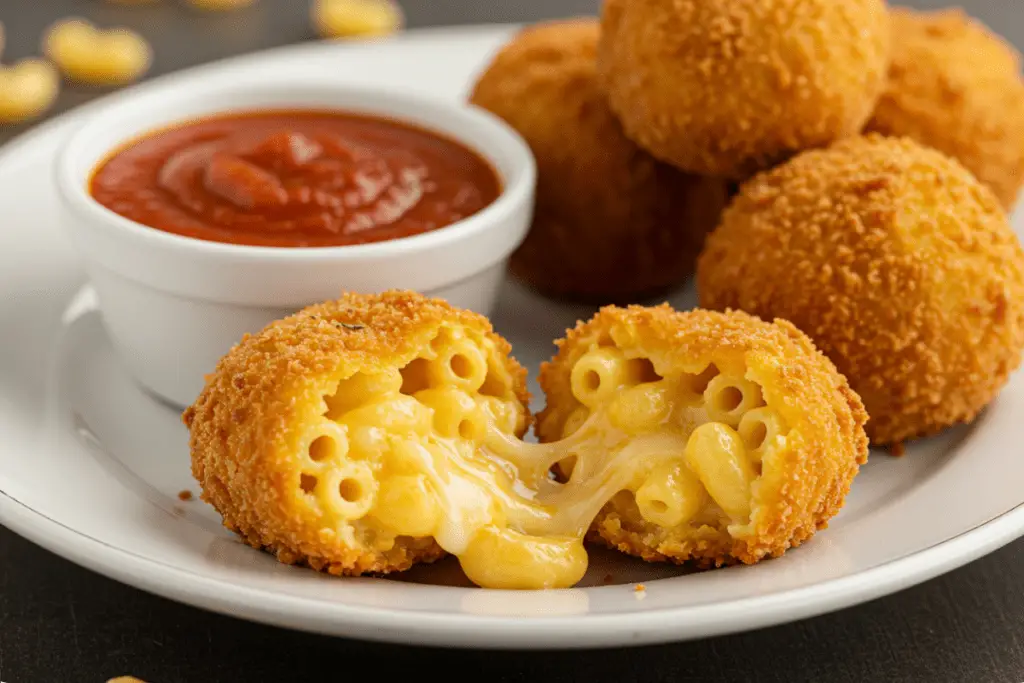 Crispy fried mac and cheese balls with gooey melted cheese, served with marinara dipping sauce and a sprinkle of parsley in a cozy, party-friendly setting