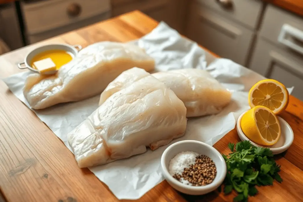 A kitchen countertop with fresh cod fillets, melted butter, sliced lemon, minced garlic, parsley, and seasoning, ready for baking.