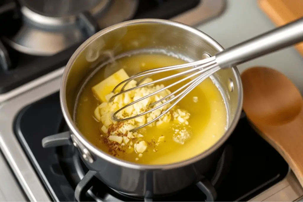 A saucepan on the stovetop with melted butter, garlic, and lemon juice being whisked together for a flavorful sauce.