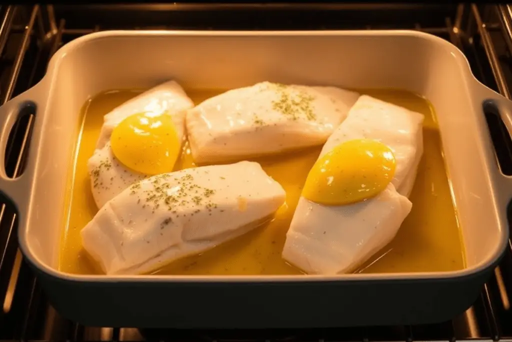 Cod fillets baking in the oven, sizzling in lemon butter sauce with lemon slices around them, creating a tender and flavorful dish.