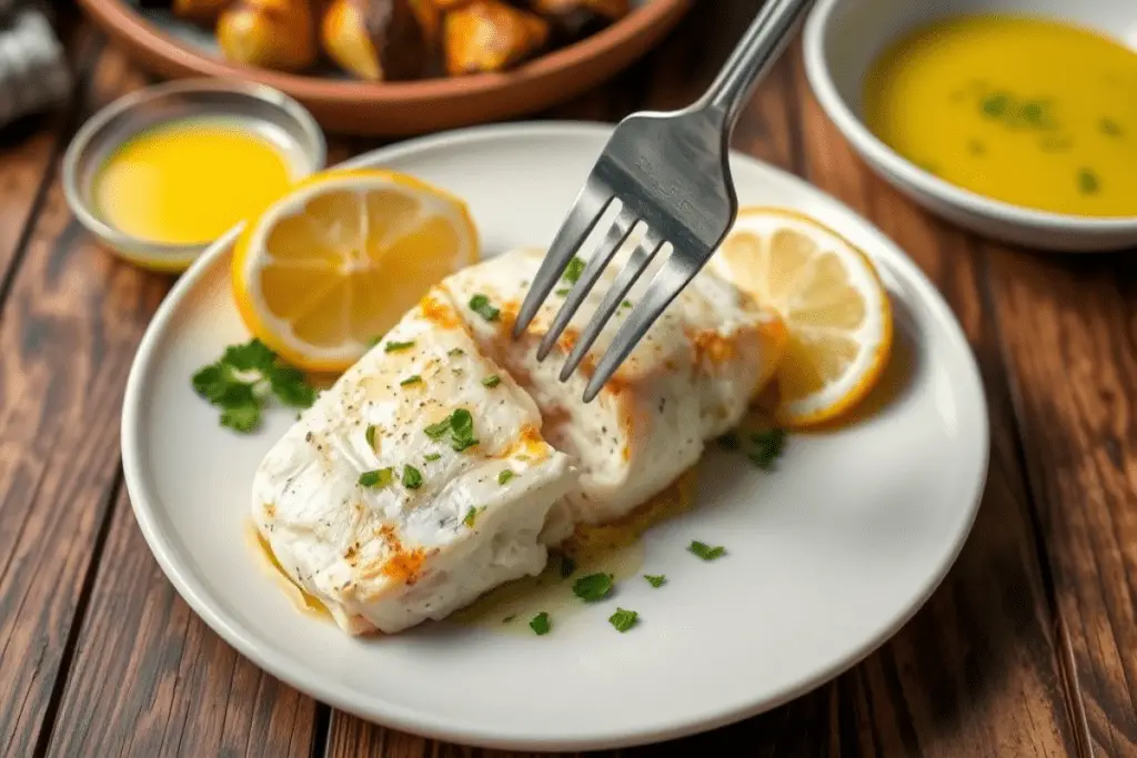 A plate of lemon butter baked cod garnished with parsley and lemon wedges, served with a side of roasted vegetables on a rustic table.