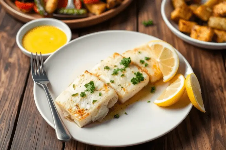 Flaky baked cod with a golden lemon butter glaze, garnished with parsley and lemon slices. Served with asparagus and roasted cherry tomatoes on a rustic plate, highlighted by warm, natural lighting.