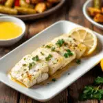 Flaky baked cod with a golden lemon butter glaze, garnished with parsley and lemon slices. Served with asparagus and roasted cherry tomatoes on a rustic plate, highlighted by warm, natural lighting.