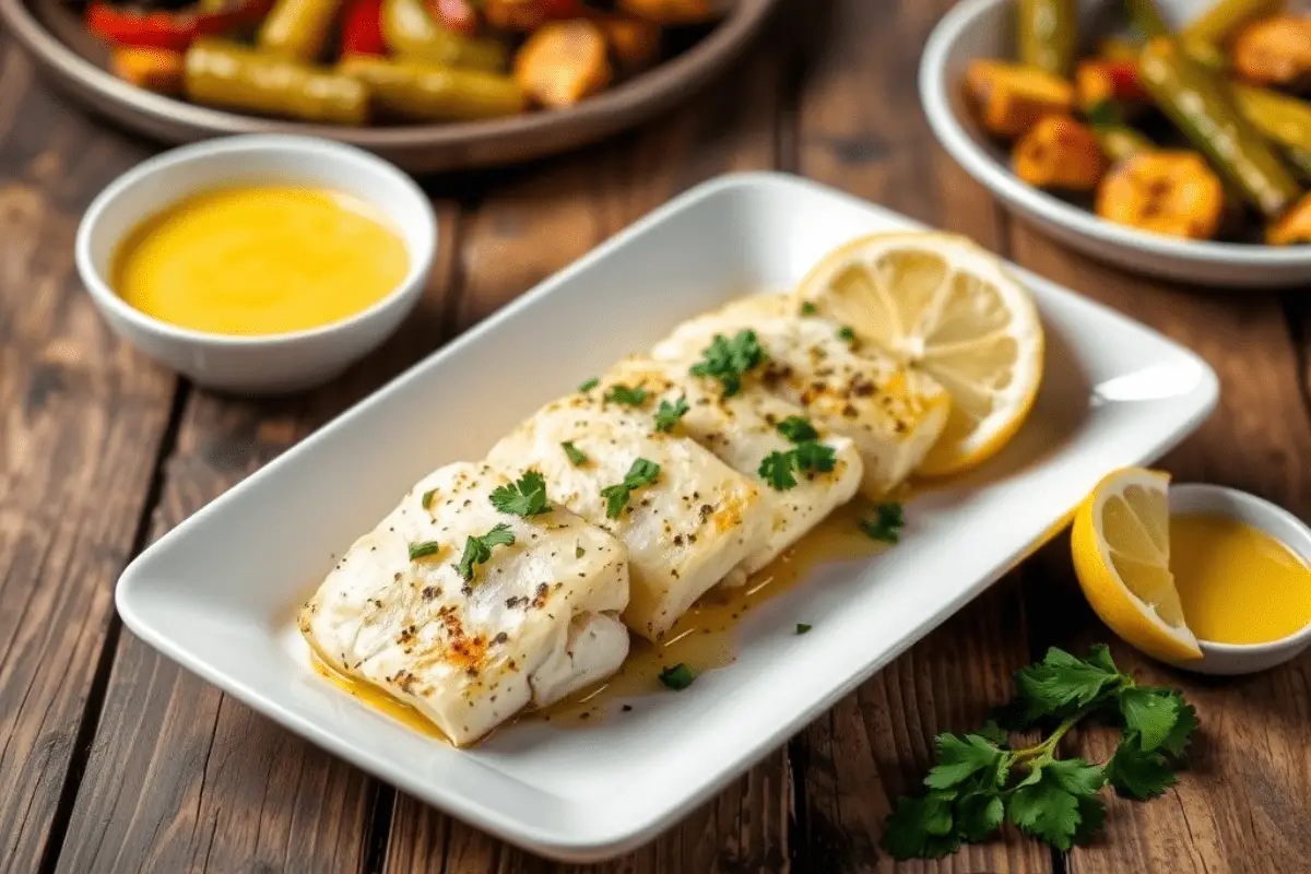 Flaky baked cod with a golden lemon butter glaze, garnished with parsley and lemon slices. Served with asparagus and roasted cherry tomatoes on a rustic plate, highlighted by warm, natural lighting.