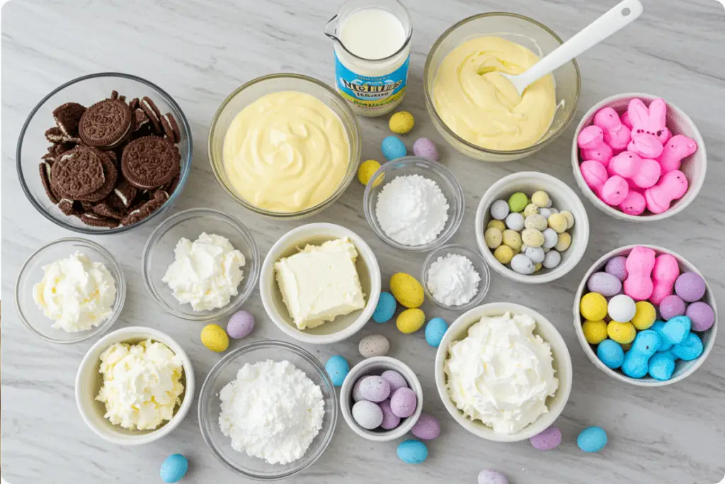 A festive Easter kitchen setup with ingredients for dirt cake, including crushed cookies, pudding, whipped topping, and colorful candy eggs.