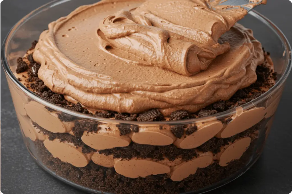 A glass dish showing layers of crushed cookies, creamy pudding, and whipped topping, building the perfect Easter Dirt Cake.