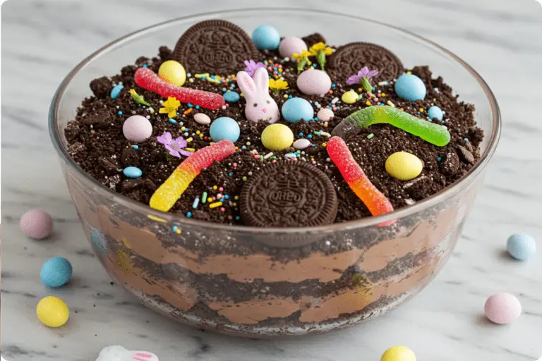 Easy Easter dirt cake layered with chocolate pudding, crushed cookies, and whipped topping, decorated with candy eggs and gummy worms, set in a cheerful springtime setting.