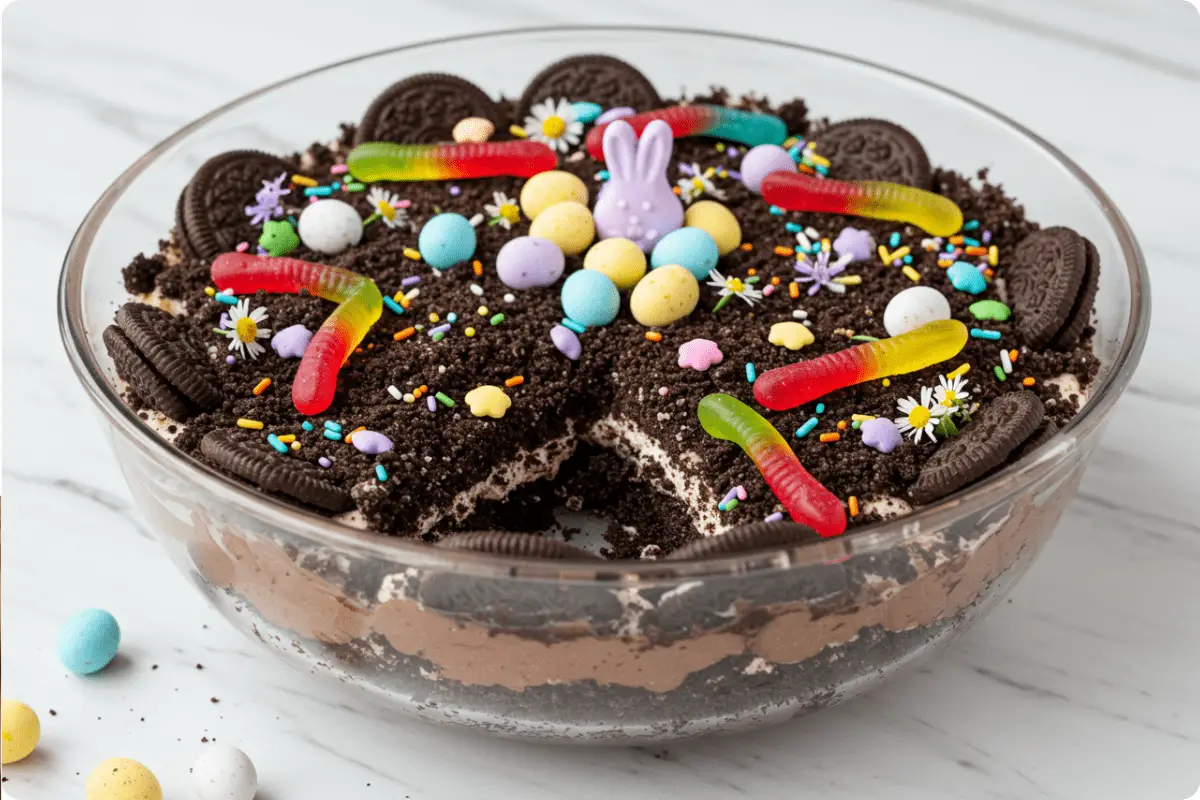 Easy Easter dirt cake layered with chocolate pudding, crushed cookies, and whipped topping, decorated with candy eggs and gummy worms, set in a cheerful springtime setting.