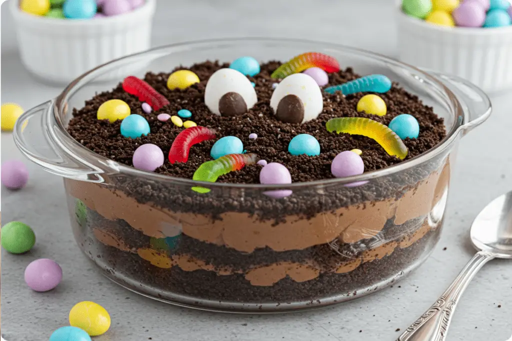 Easy Easter dirt cake layered with chocolate pudding, crushed cookies, and whipped topping, decorated with candy eggs and gummy worms, set in a cheerful springtime setting.