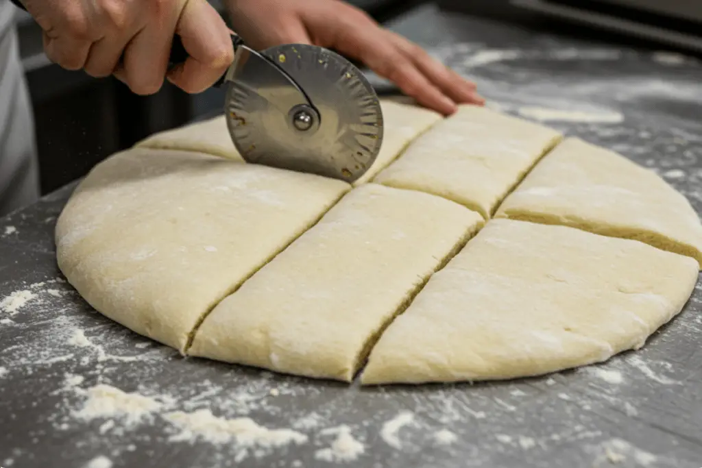 Pizza dough being rolled out into thin circles on a floured surface, preparing to be filled with cheese and pepperoni for pizza bombs.