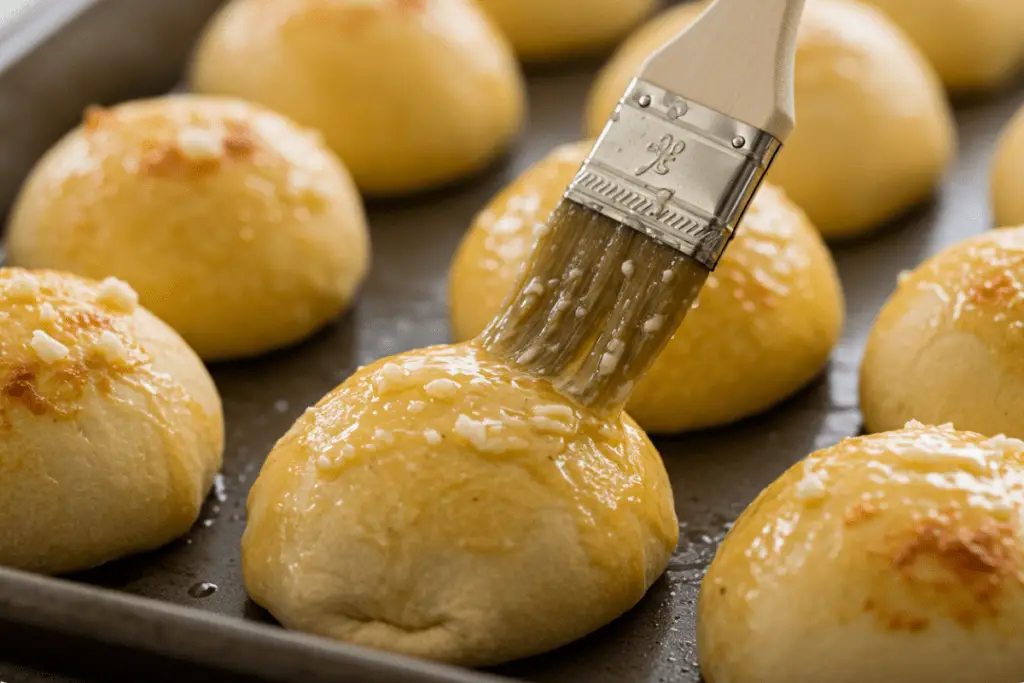 Garlic butter being brushed over pizza bombs, giving them a golden shine and a delicious flavor boost before baking.