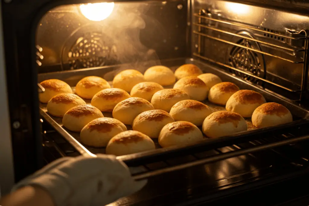 Golden brown pizza bombs baking in the oven, with melted cheese oozing out from the crispy dough.