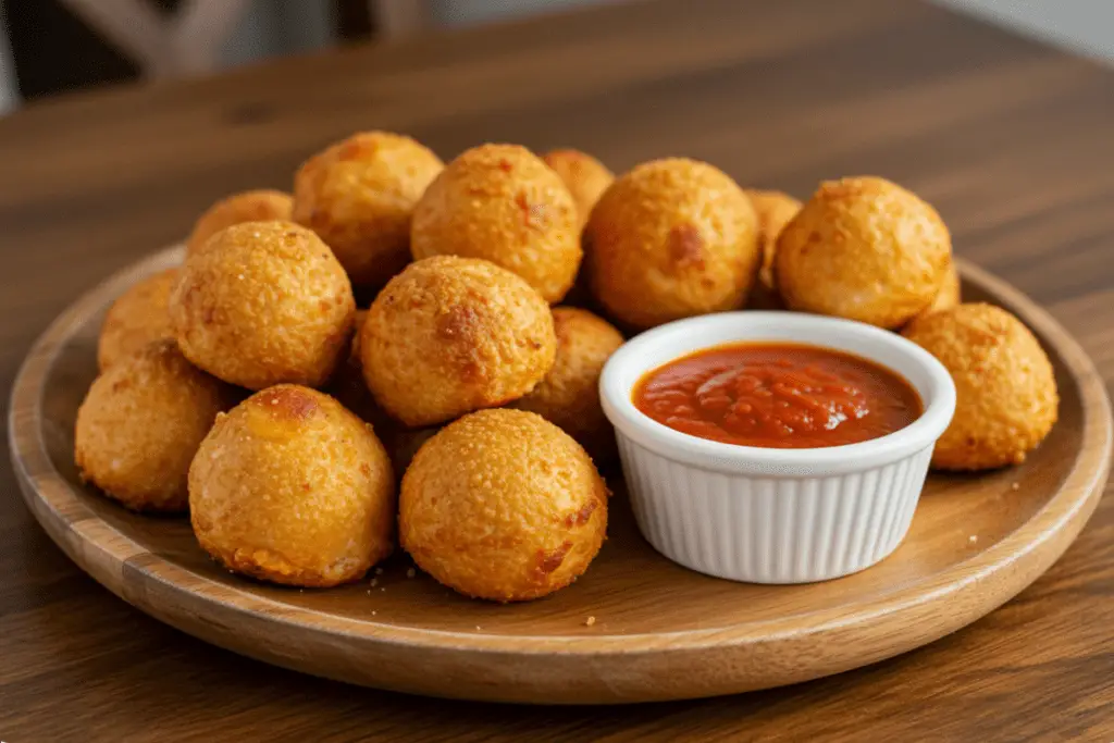 Hot, cheesy pizza bombs served on a plate with marinara sauce for dipping, the perfect snack for pizza lovers.