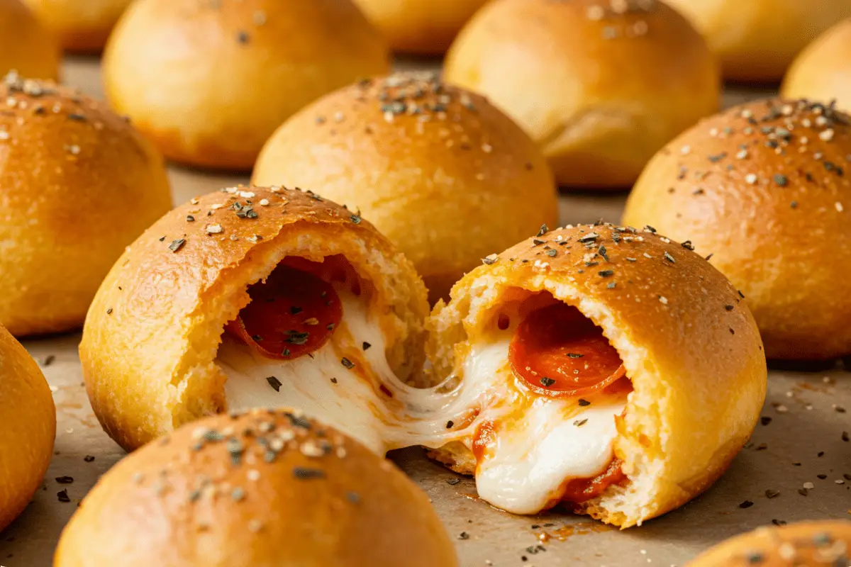 Golden, cheesy pizza bombs filled with pepperoni and mozzarella, brushed with garlic butter and sprinkled with parmesan, served with marinara sauce for dipping. Perfect for an easy party snack.