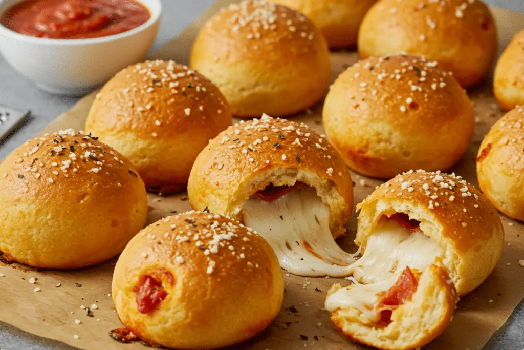 Golden, cheesy pizza bombs filled with pepperoni and mozzarella, brushed with garlic butter and sprinkled with parmesan, served with marinara sauce for dipping. Perfect for an easy party snack.