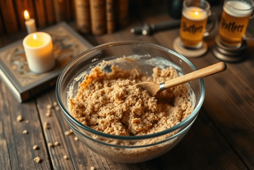 A bowl of crushed graham crackers, butter, and brown sugar being mixed into a crumbly crust for Butterbeer Cheesecake.