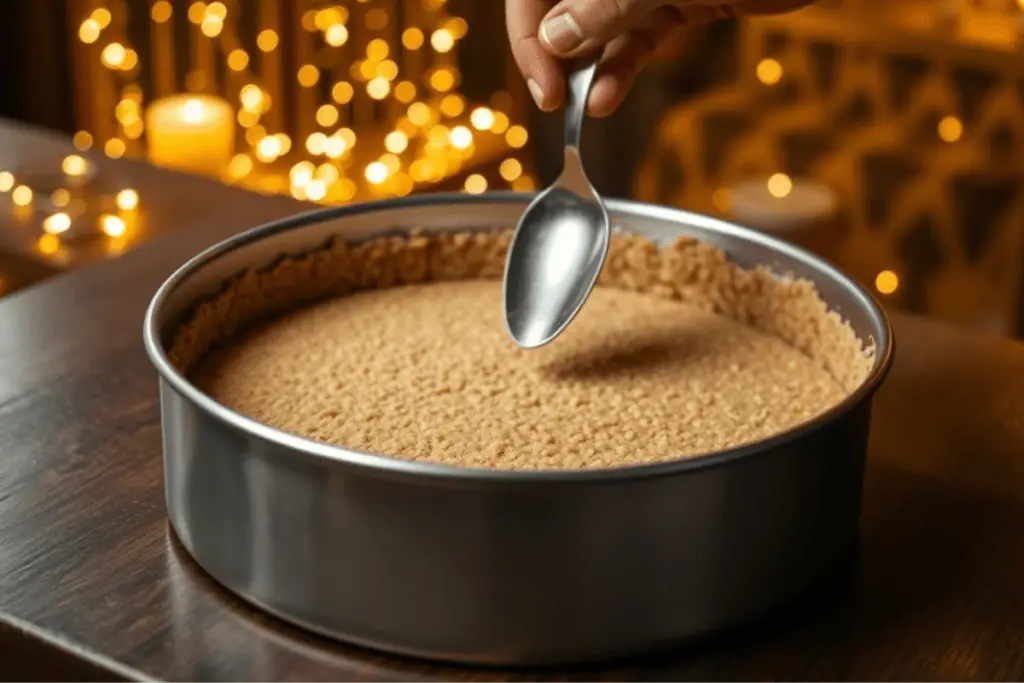 A springform pan filled with a pressed graham cracker crust, ready to be baked for a cheesecake base.