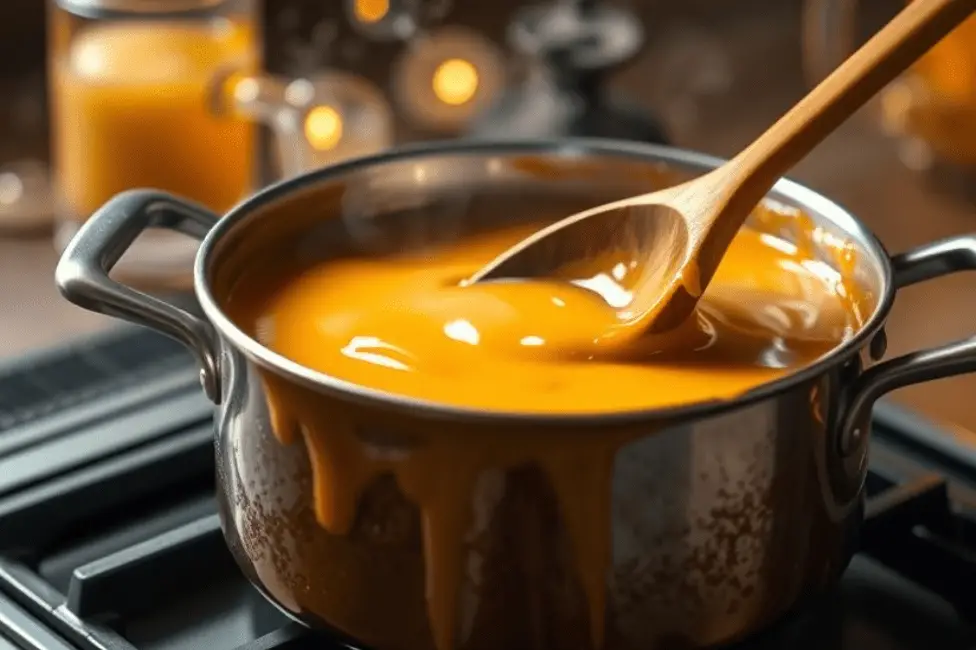 A saucepan filled with warm butterscotch glaze being stirred into a smooth, glossy sauce.