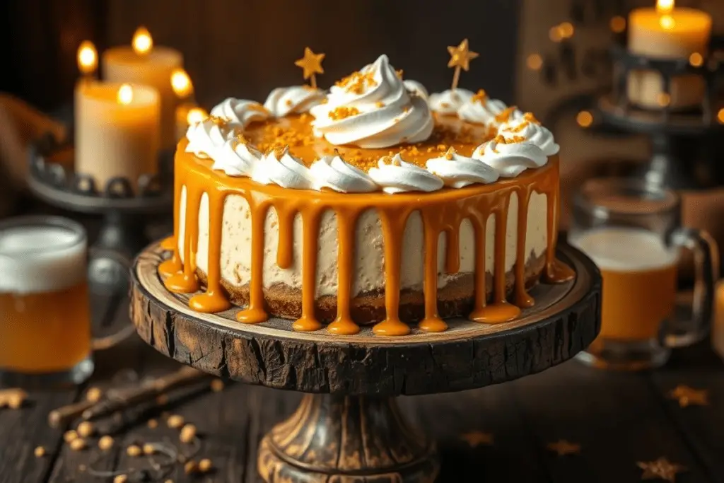 A Butterbeer cheesecake drizzled with glossy butterscotch glaze, garnished with whipped cream and golden sprinkles.