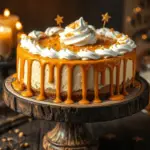 A Butterbeer cheesecake drizzled with glossy butterscotch glaze, garnished with whipped cream and golden sprinkles.