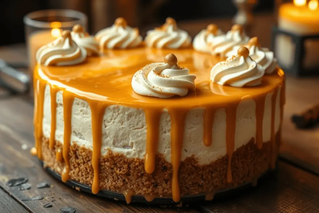 A creamy Butterbeer cheesecake with a butterscotch glaze dripping down the sides, topped with whipped cream and golden sugar pearls. Set on a rustic wooden table with warm candlelight, capturing the enchantment of the wizarding world.