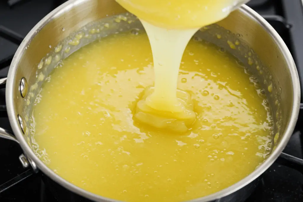 A saucepan with a bright, zesty sparkling lemonade filling being stirred, creating a smooth and tangy base for the pie.