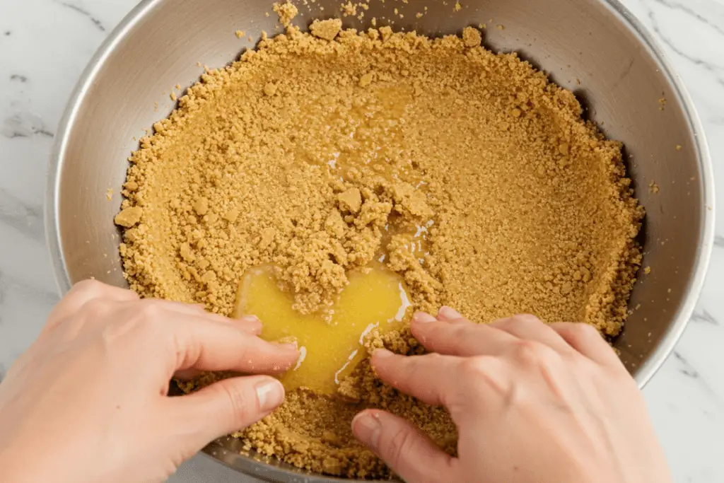 A buttery graham cracker crust being pressed into a pie dish, ready to be baked into a golden, crispy base for the Felix Felicis Float Pie.