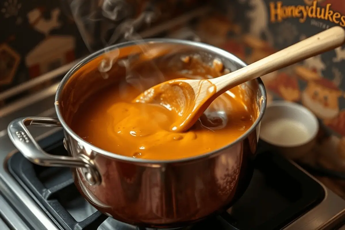 A saucepan with bubbling golden toffee being stirred, creating a rich and creamy caramel filling.