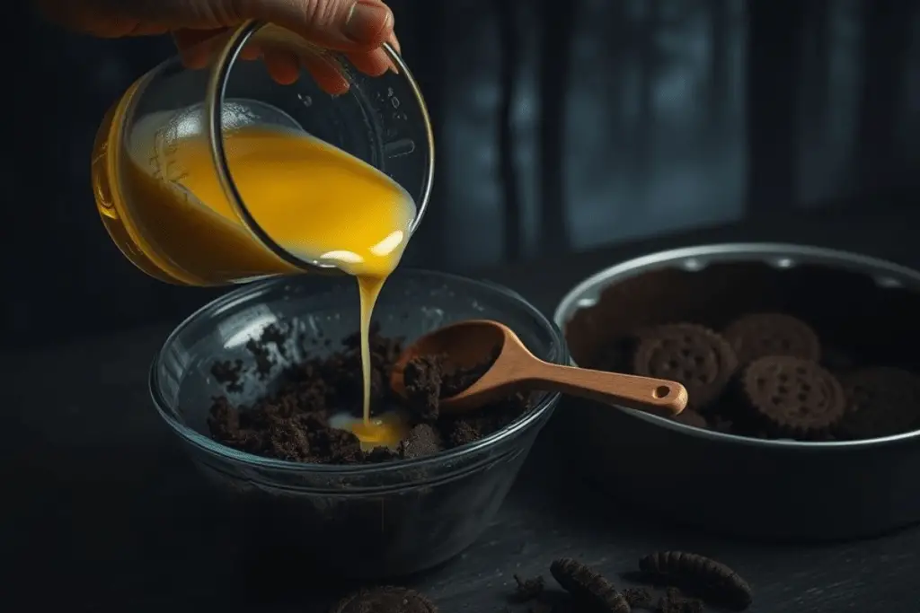 A mixing bowl with crushed chocolate cookies and melted butter being stirred to form a rich, dark crust for cheesecake.