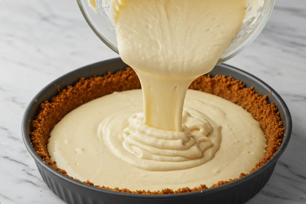 Creamy cheesecake batter being made with butterbeer flavoring and poured over the graham cracker crust.