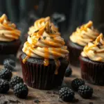 Dark chocolate Butterbeer cupcakes with creamy butterscotch frosting, drizzled with caramel and sprinkled with chocolate shavings. Set on a rustic surface with blackberries and misty fog, evoking the magic of the Forbidden Forest.