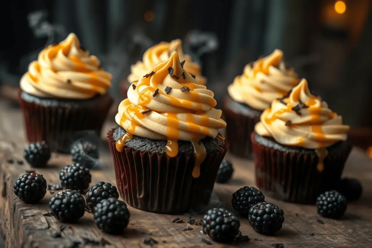 Dark chocolate Butterbeer cupcakes with creamy butterscotch frosting, drizzled with caramel and sprinkled with chocolate shavings. Set on a rustic surface with blackberries and misty fog, evoking the magic of the Forbidden Forest.