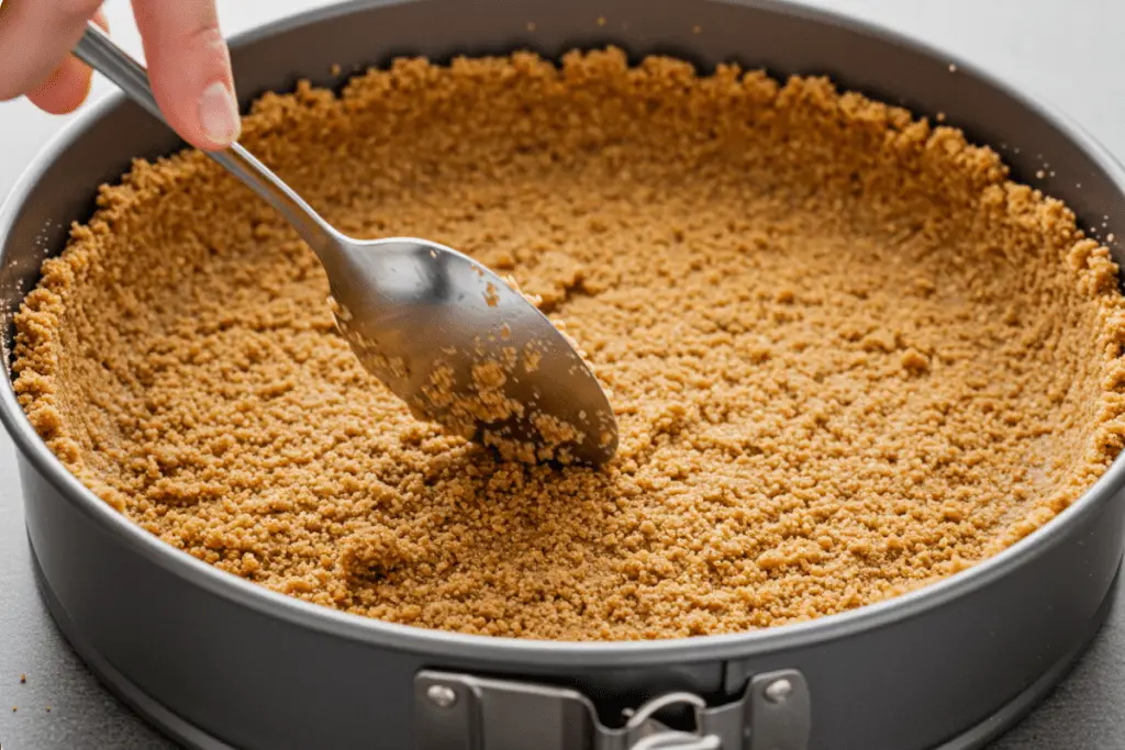 Graham cracker crust being pressed into a springform pan, creating a solid base for the Forbidden Forest Blackberry Butterbeer Cheesecake.