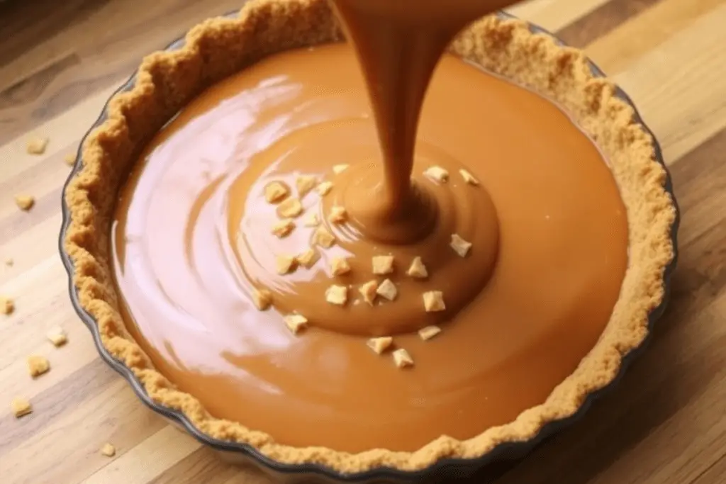 Warm toffee being poured into a graham cracker crust, forming a smooth caramel layer with crunchy toffee bits.