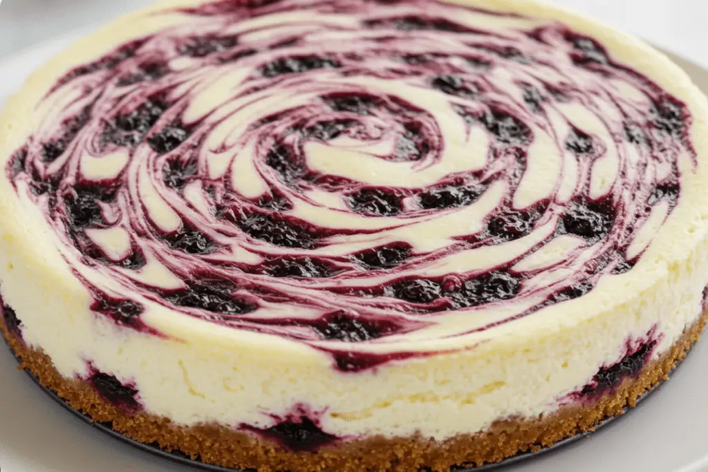 Blackberry puree being swirled into the cheesecake batter to create a marbled effect with vibrant purple and creamy white layers.