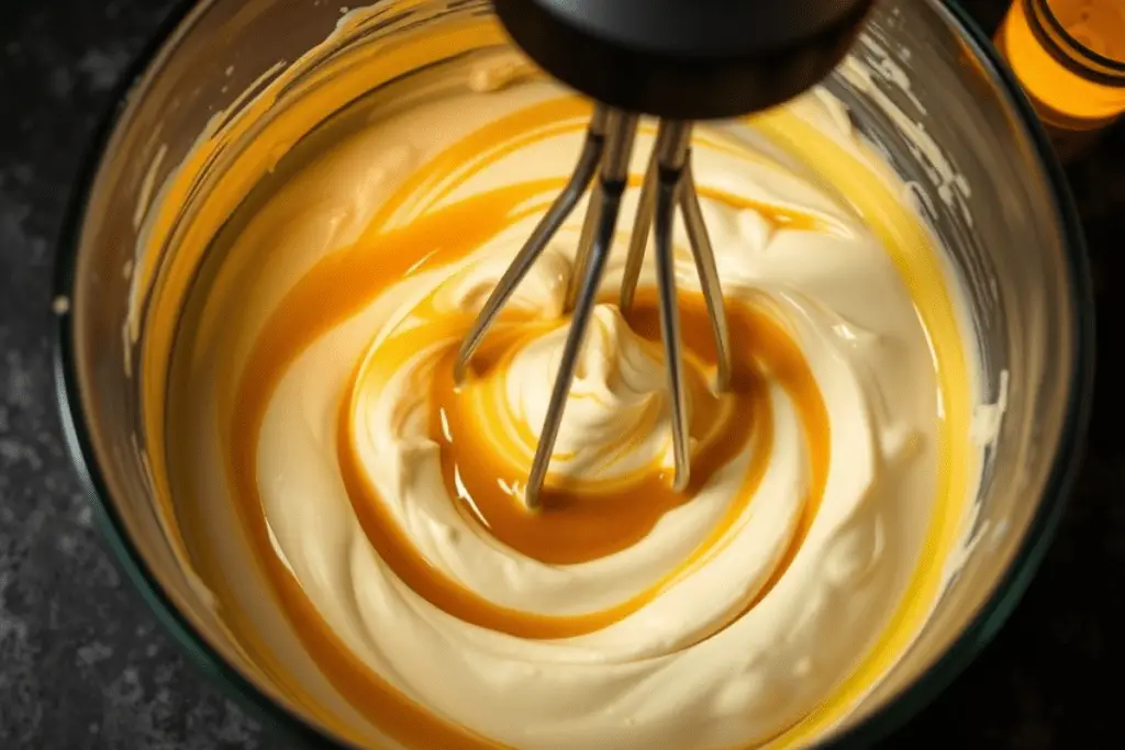 A mixing bowl with smooth Butterbeer cheesecake batter being blended with golden butterscotch syrup, creating a rich and creamy filling.